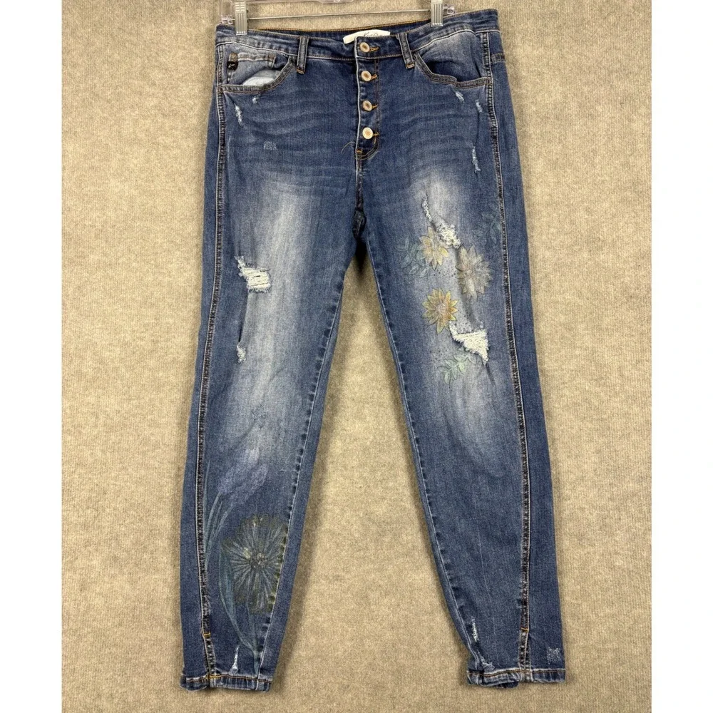 KanCan KC5109M High Rise Button Fly Floral Embroidered Distressed Jeans 31 Blue